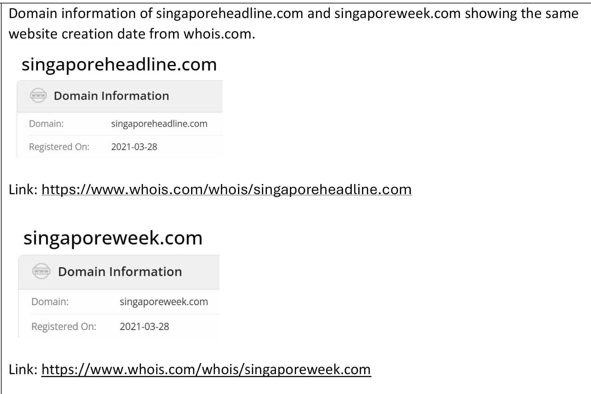 singaporeheadline.com 和 singaporeweek.com 的域名注册信息显示，两个网站的创建日期完全一样。（网站截图）