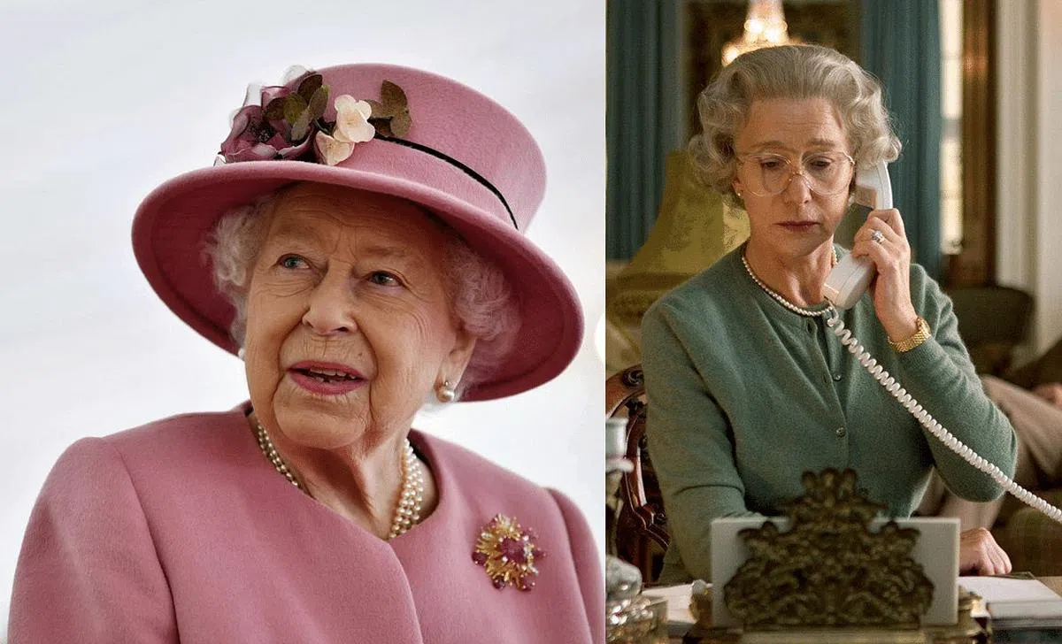 英国女星Helen Mirren（左）扮演英女王（右），神情惟妙惟肖。（图/互联网）