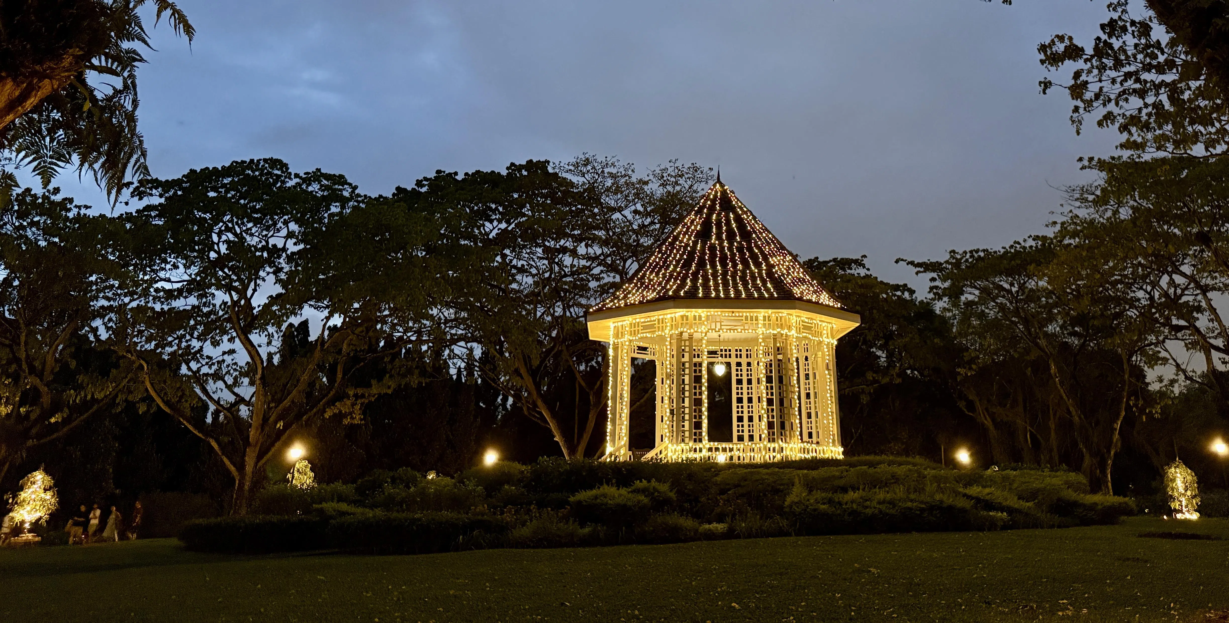 白色演奏台是植物园标志之一，入夜后浪漫氛围更浓郁。（陈映蓁摄）