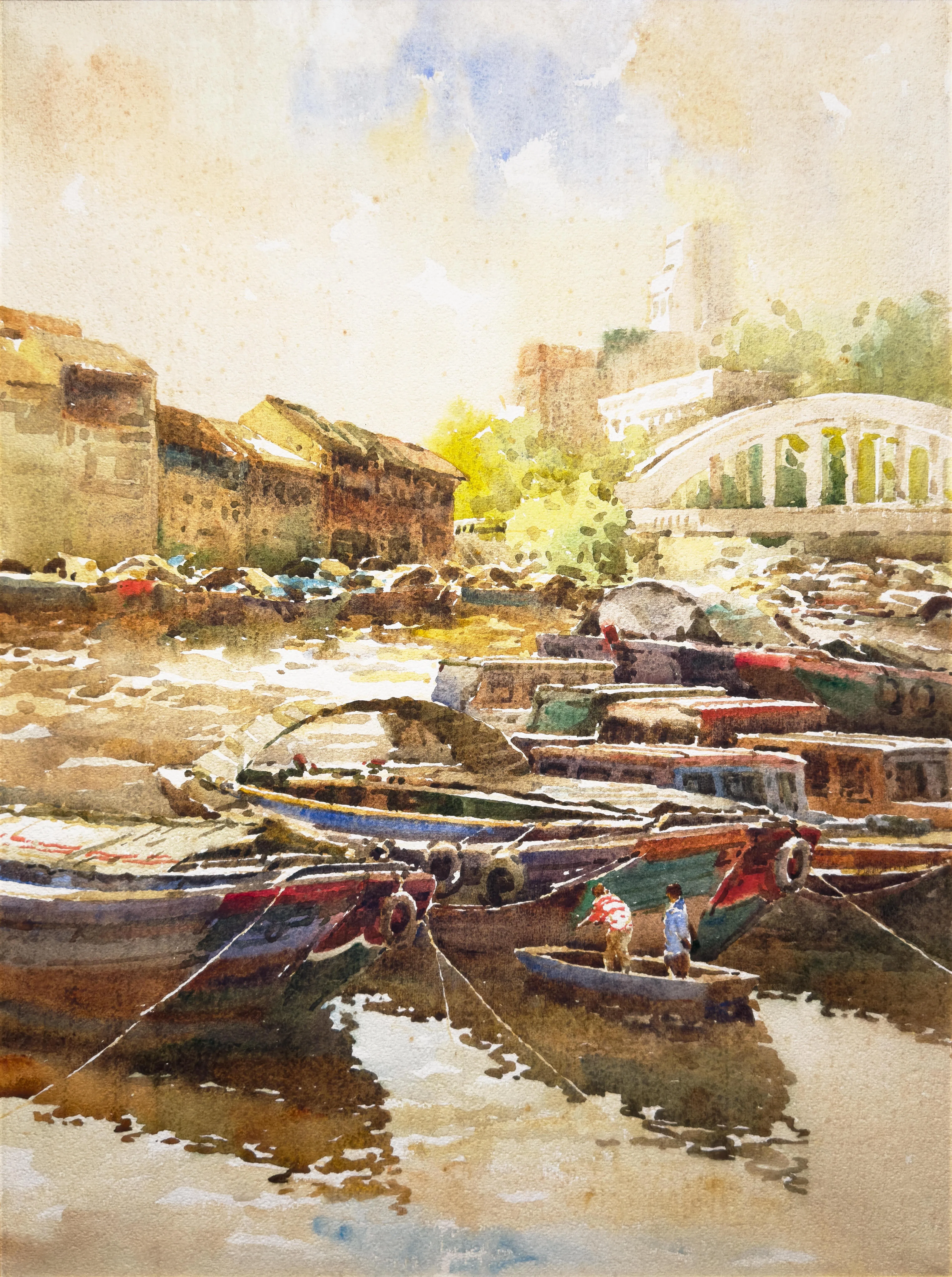 吴承惠水彩画《新加坡河（埃尔金桥景观）》。（嘉合画轩提供）