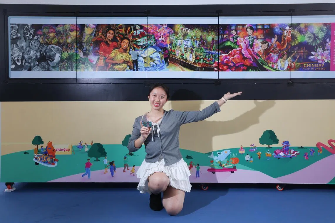 华侨中学学生孙嘉择创作的“活力”，在人协举办的“妆艺：申遗之路壁画设计大赛”中获得首奖。（关俊威摄）