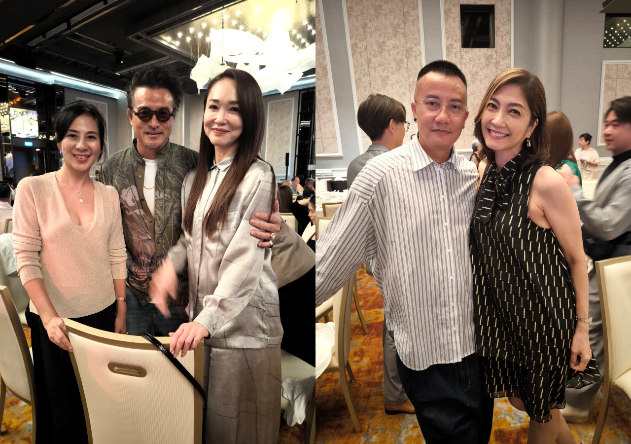 婚礼上星光熠熠宛如艺人联谊会，何永芳（左图左起）、李铭顺、范文芳、陈汉玮和黄碧仁均出席。（钟雁龄）