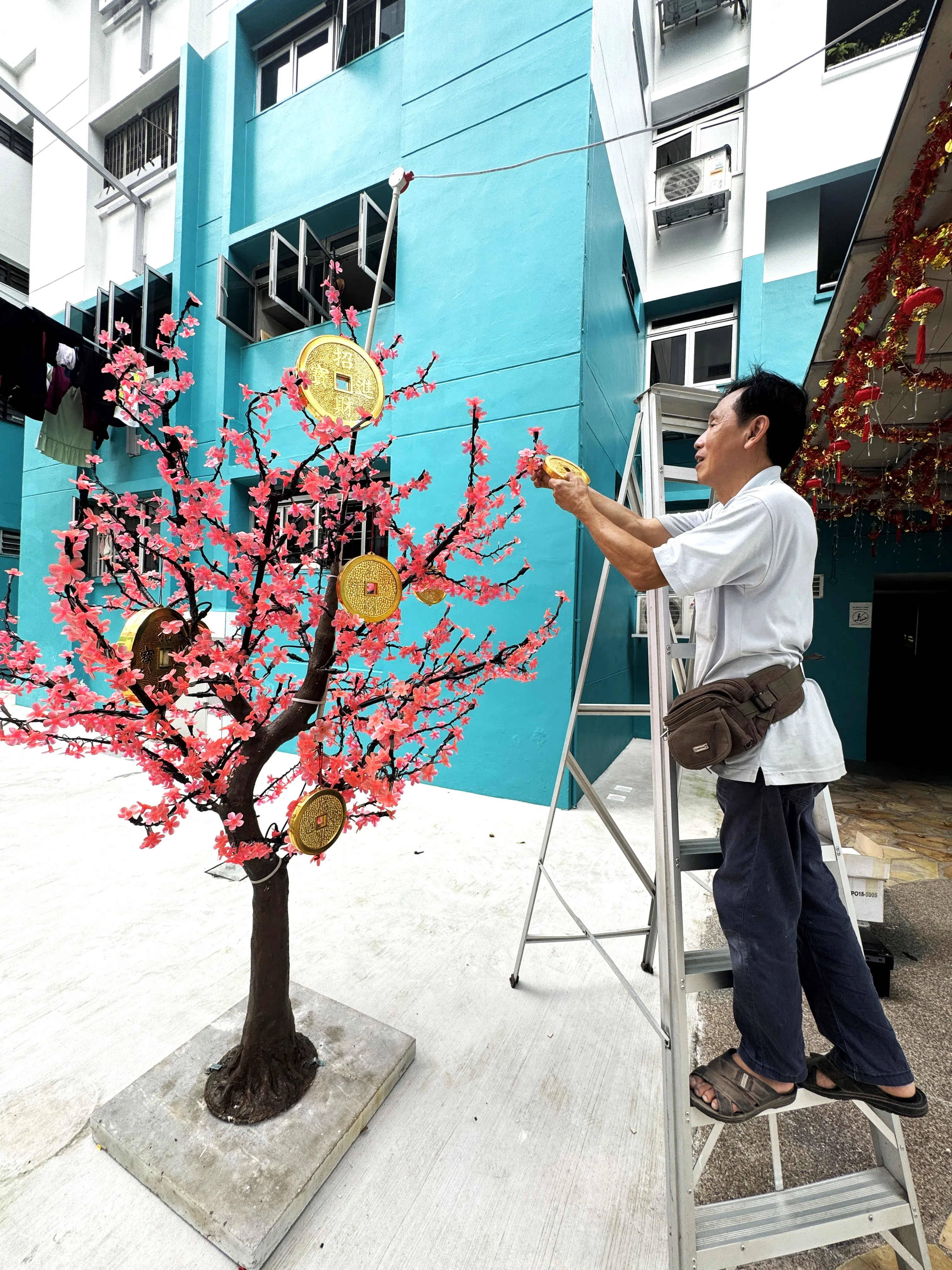 陈孔达在假桃树上，挂上“金钱币”，寓意“招财纳福、财源滚滚”。（翁铭芯摄）