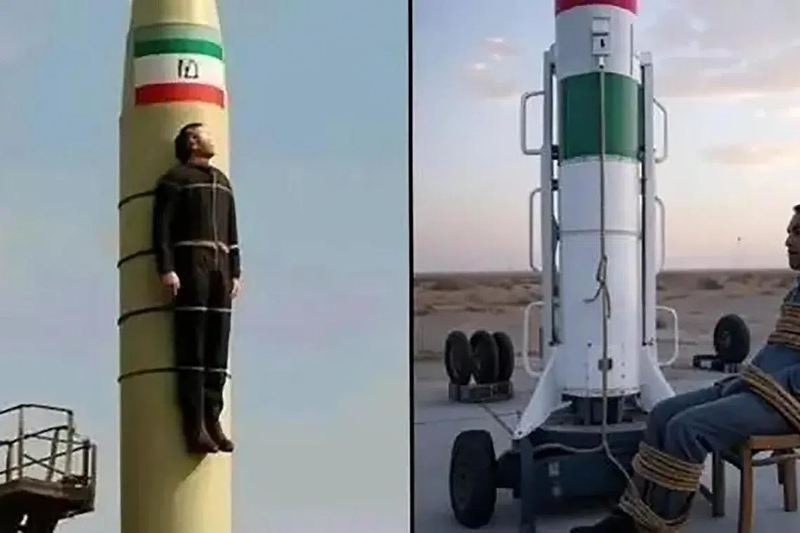 社媒上传出这样的图像，指伊朗把捉到的以色列间谍绑在导弹上，向以方发射。这些照片明显是AI生成，却有人信以为真。（互联网）