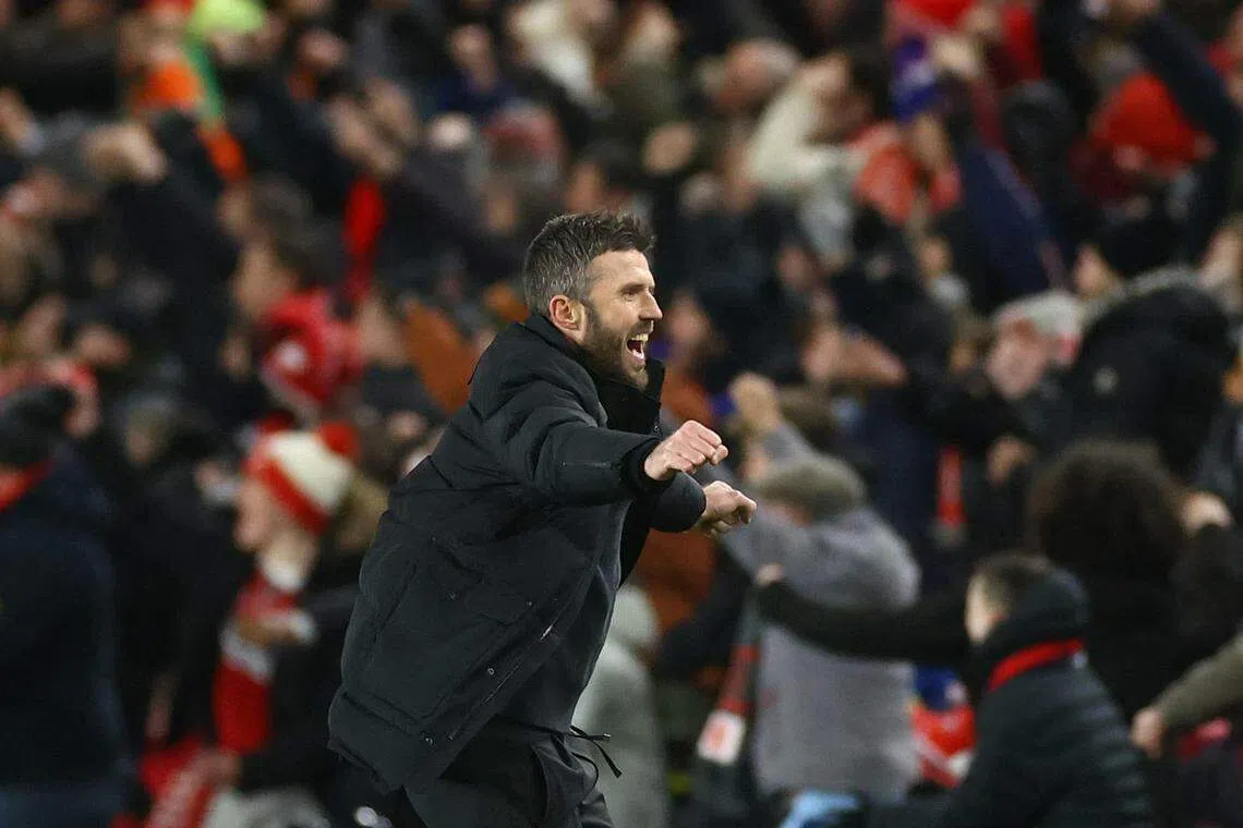 米德尔斯伯勒主帅卡里克庆祝球队打破僵局。（路透社）