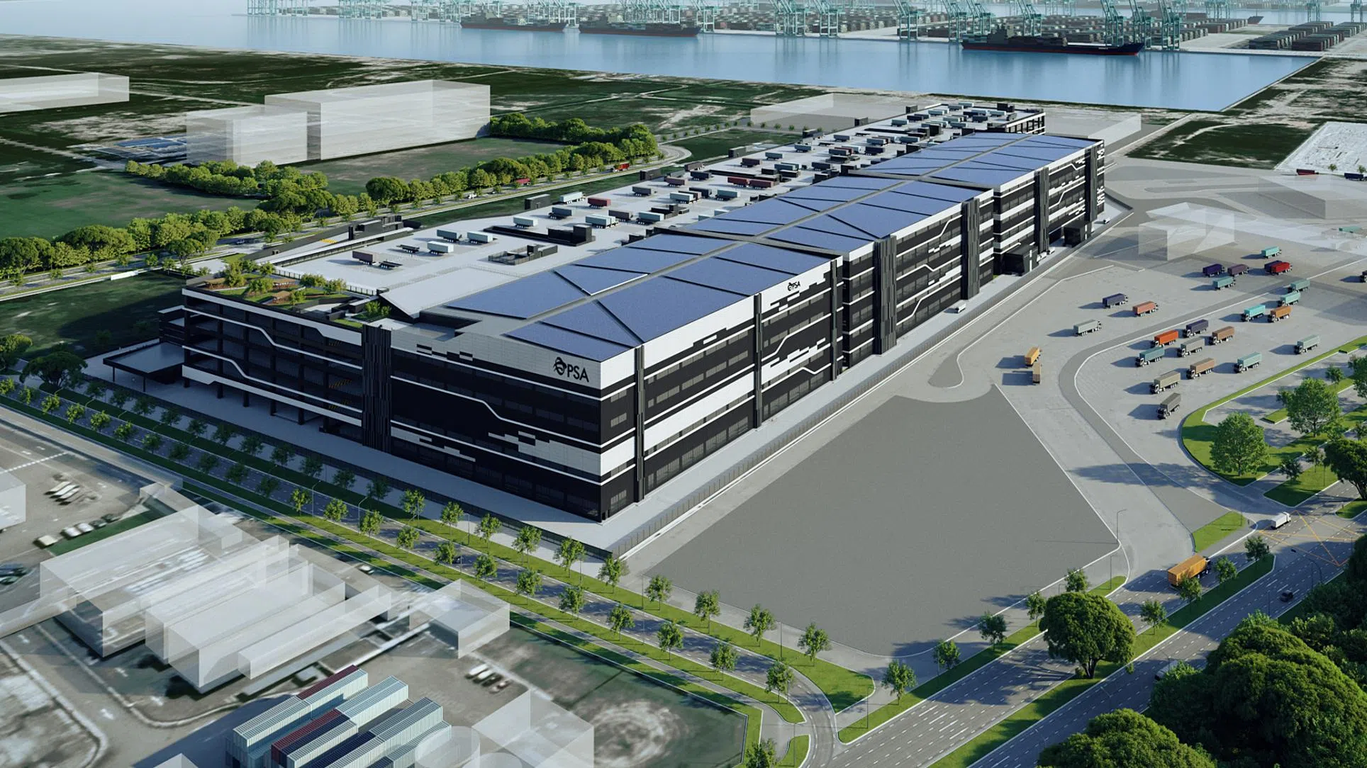 速美建筑集团（Soilbuild Construction Group）今年6月宣布，全资子公司SB Procurement获颁总值6亿4750万元的建筑合同，建造大士港口物流中心，包括仓库建筑和主要输入电力站。（新加坡港务集团构想图）