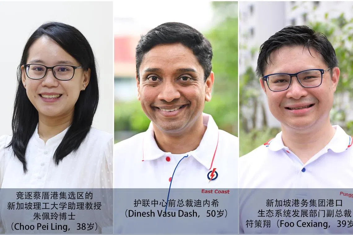 竞逐蔡厝港集选区的新加坡理工大学助理教授朱佩玲博士（Choo Pei Ling，38岁）； 护联中心前总裁迪内希（Dinesh Vasu Dash，50岁）； 新加坡港务集团港口生态系统发展部门副总裁符策翔（Foo Cexiang，39岁）。（档案照片）