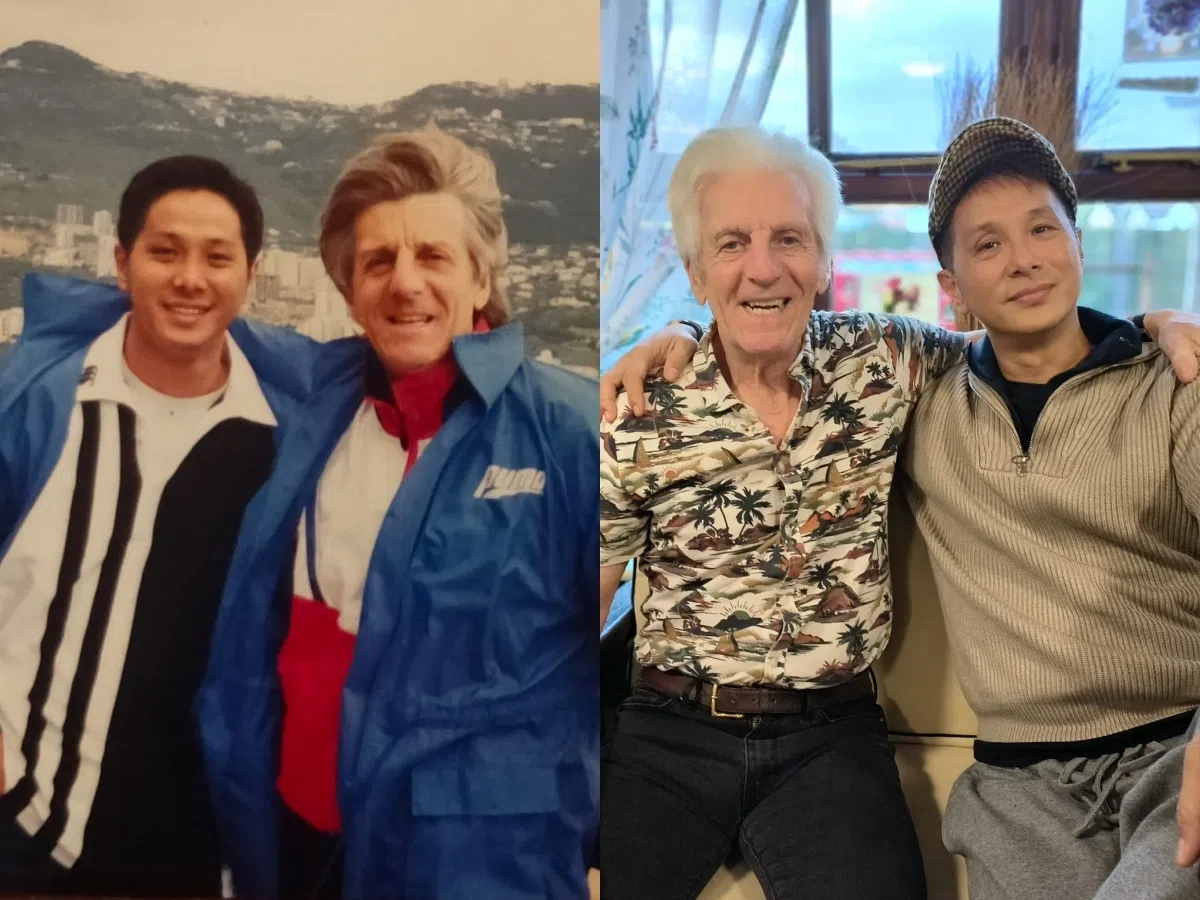 钱翰群和Barry Whitbread（左图右、右图左）相识超过30载，左图为两人1996年赴黎巴嫩参加世界杯外围赛时所摄，右图则是2024年近照。（受访者提供）