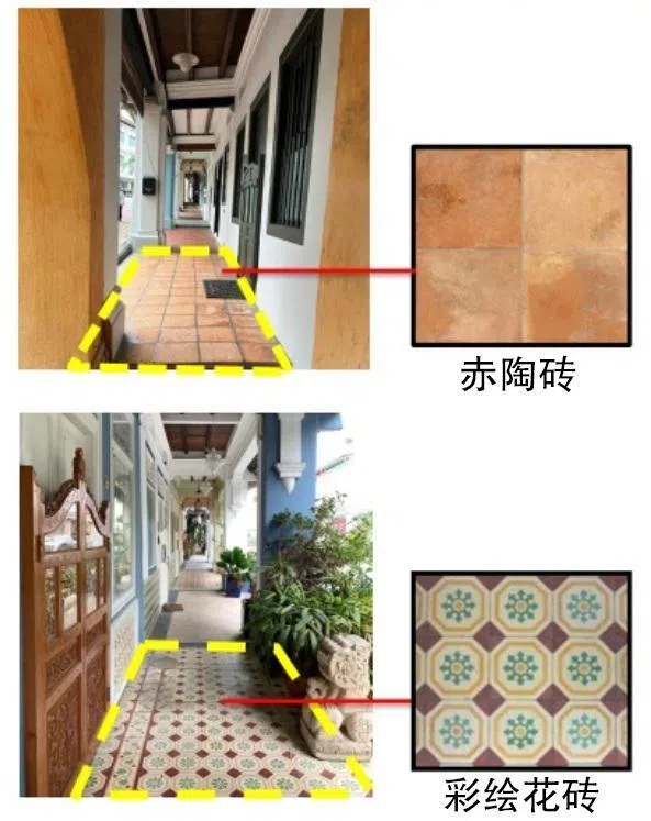 部分受保留店屋和排屋的门外是五脚基似的公共走廊，地面上铺的是赤陶砖（上）或彩绘花砖（下）。这类建筑如要在入门处安装斜坡道，应选择可拆卸的斜坡道，要用到时才安装，短暂遮盖部分地砖（黄色区域）。屋主不可在地砖上钻洞固定斜坡道，只能以螺栓把斜坡道固定在入口处的台阶上。不用时，斜坡道应收起。（取自市区重建局操作指南）