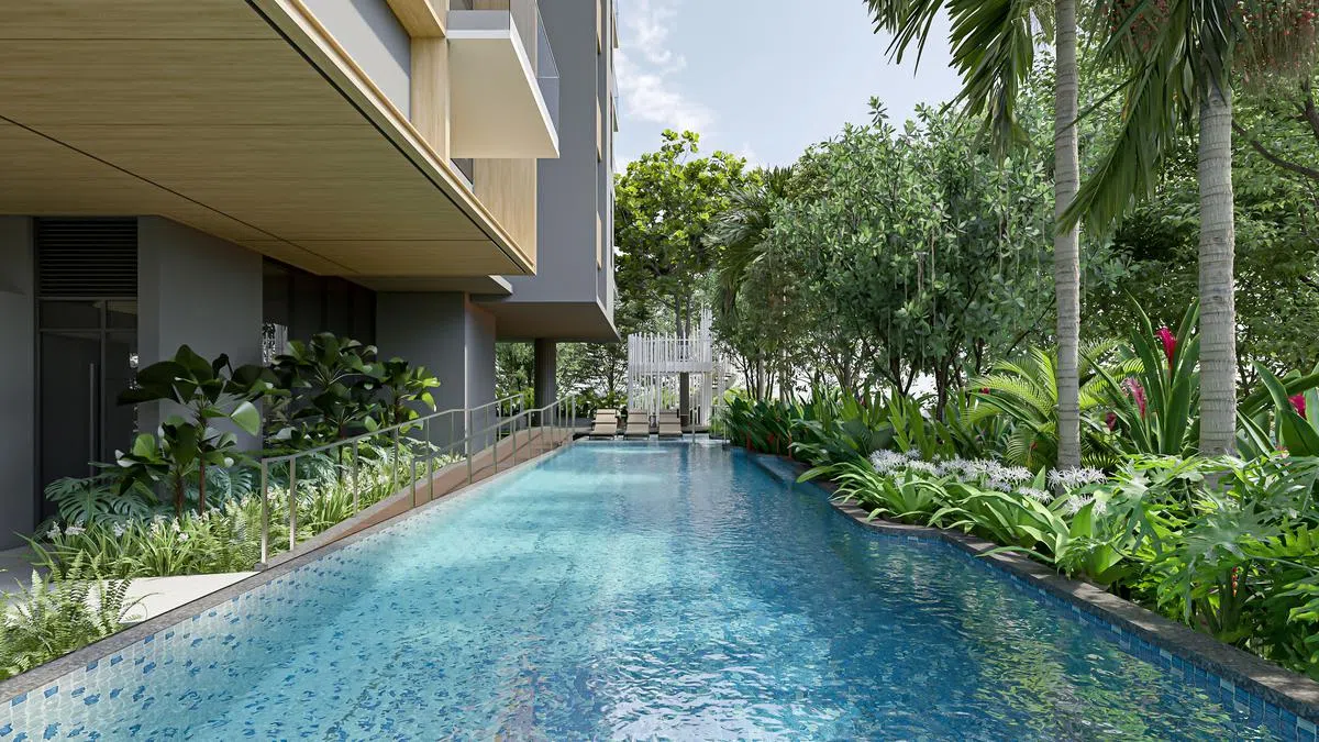 禧盈轩碧波粼粼的游泳池畔是繁茂的绿荫和热带花卉。（图/商家提供）