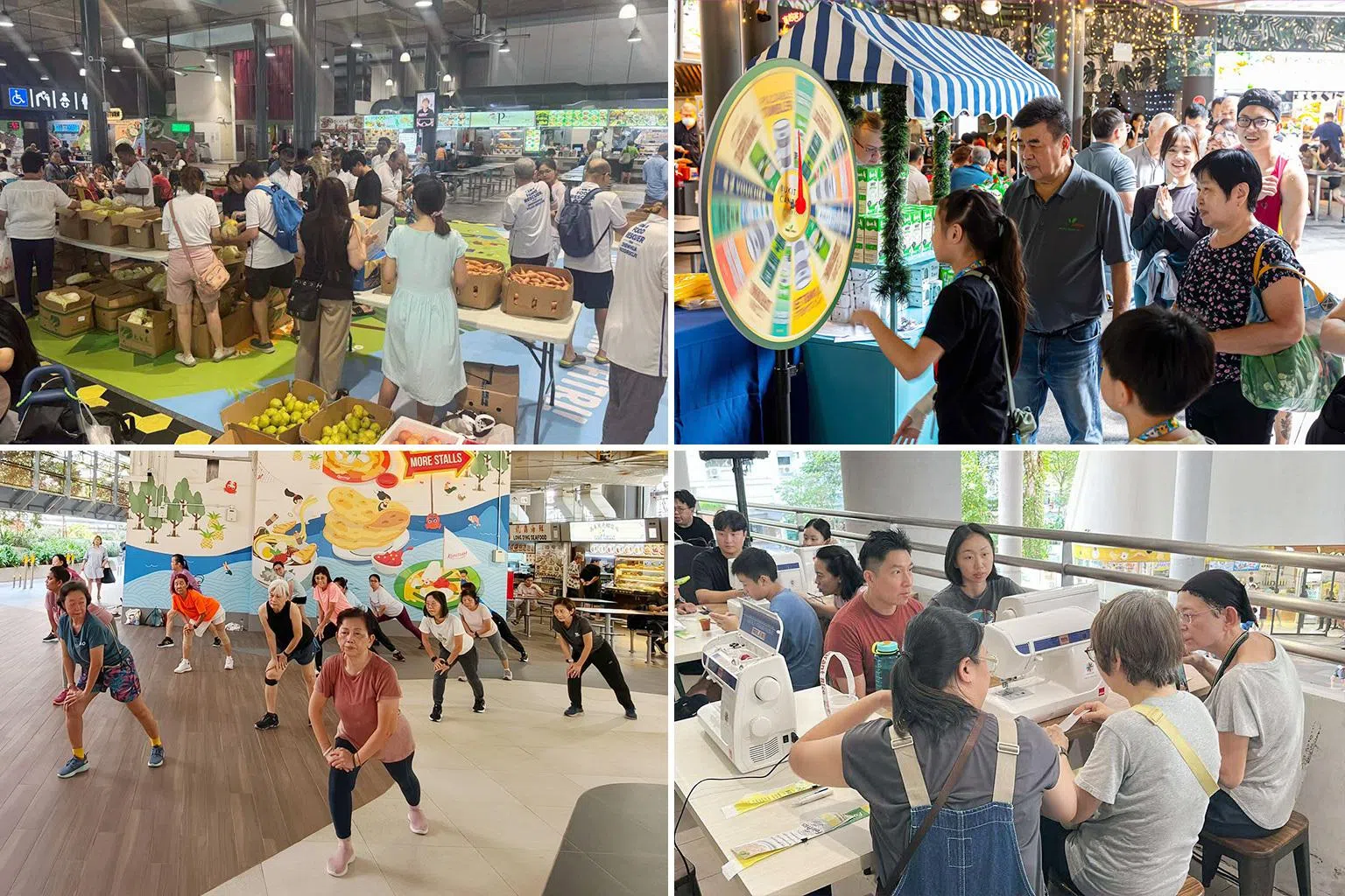 社企小贩中心与不同伙伴携手开展各种活动，深化了社区连结：（图按依顺时钟方向，左上起）“食物救援”（Food Rescue）活动、幸运转盘抽奖、针织工作坊和Zumba健身操。（国家环境局提供）