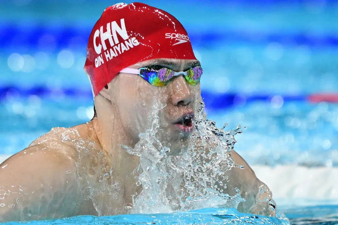 覃海洋继100米蛙泳后再度发挥不佳，无缘200米蛙泳决赛。（法新社）