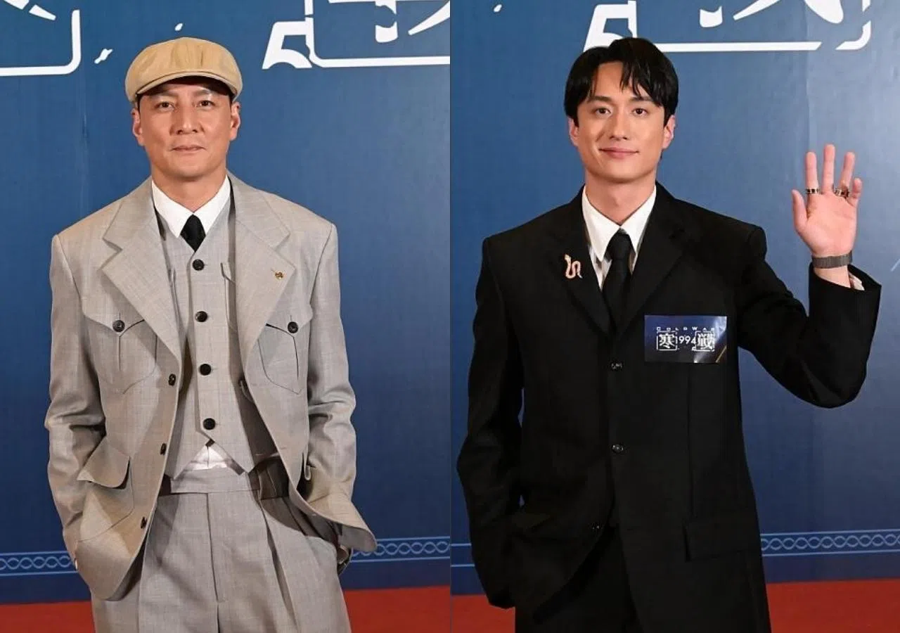 回归香港影坛的吴彦祖（左）和上位新生代刘俊谦，27日出席首映礼。（互联网）