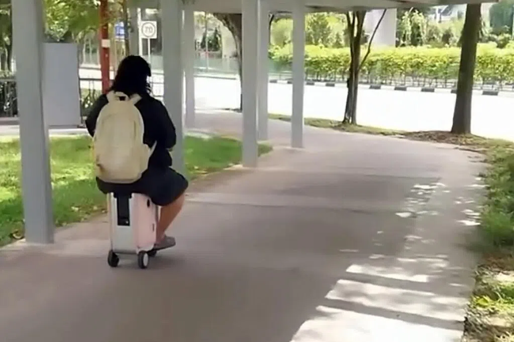 女子马路上骑电动行李箱引热议