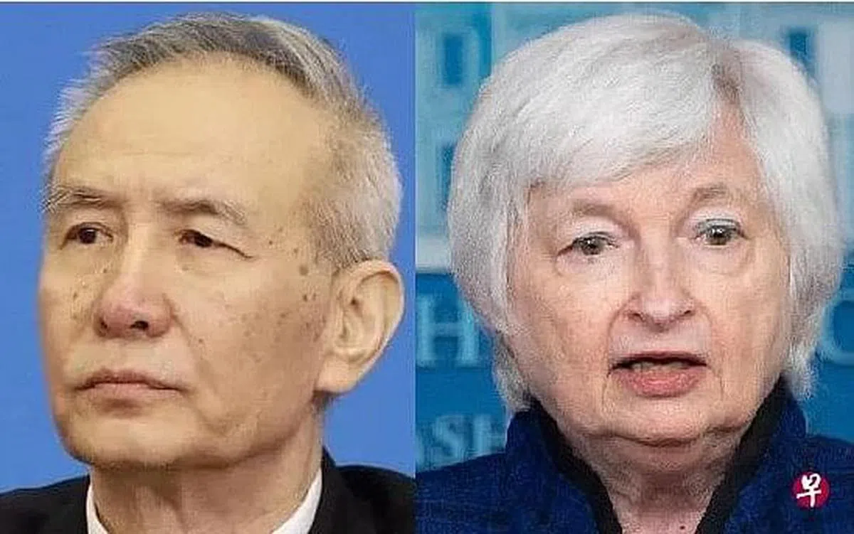 中国副总理刘鹤（左）时隔九个月再次与美国财政部长耶伦（右）举行视频通话。（互联网/法新社）