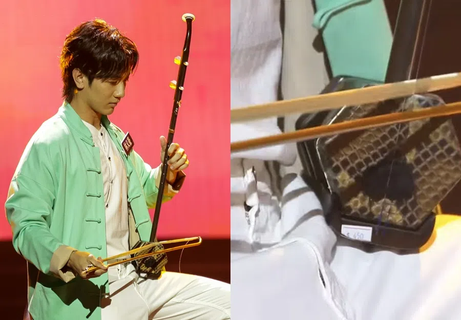 林义豪所拉的二胡上的价格标签意外掀起社媒话题。（左图新传媒提供；右图截自直播画面）