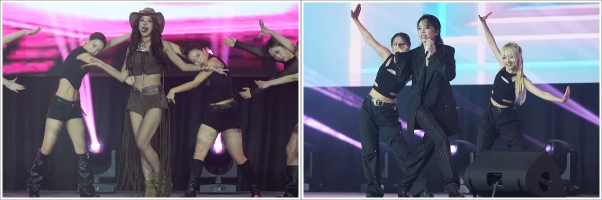 王霏霏（左）唱跳“Toooo Busy”和“Get To Work”，李斯丹妮（右）献唱《隐》和《放个烟花》。（谢智扬摄）