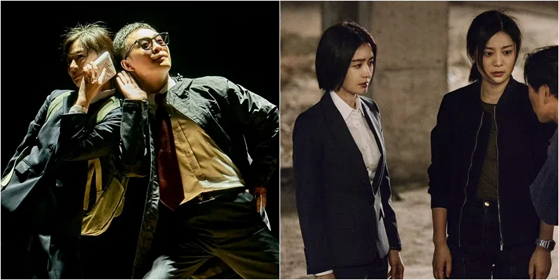 王真儿（左图，左起）与张译在《九部》上演舞台剧，给学生普及自我保护的方法。她与秦岚（右图左）则扮演闺蜜兼工作搭档。（取自剧集微博）