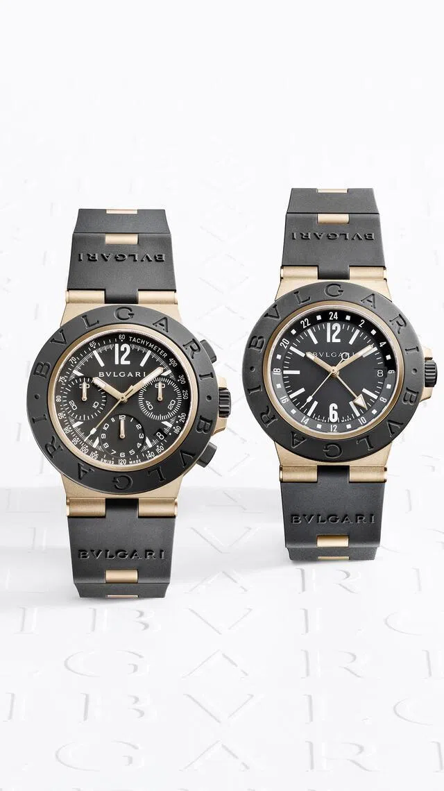 Bronzo系列有两款新作，分别是计时腕表（左）与GMT双时区腕表（右）。（宝格丽提供）