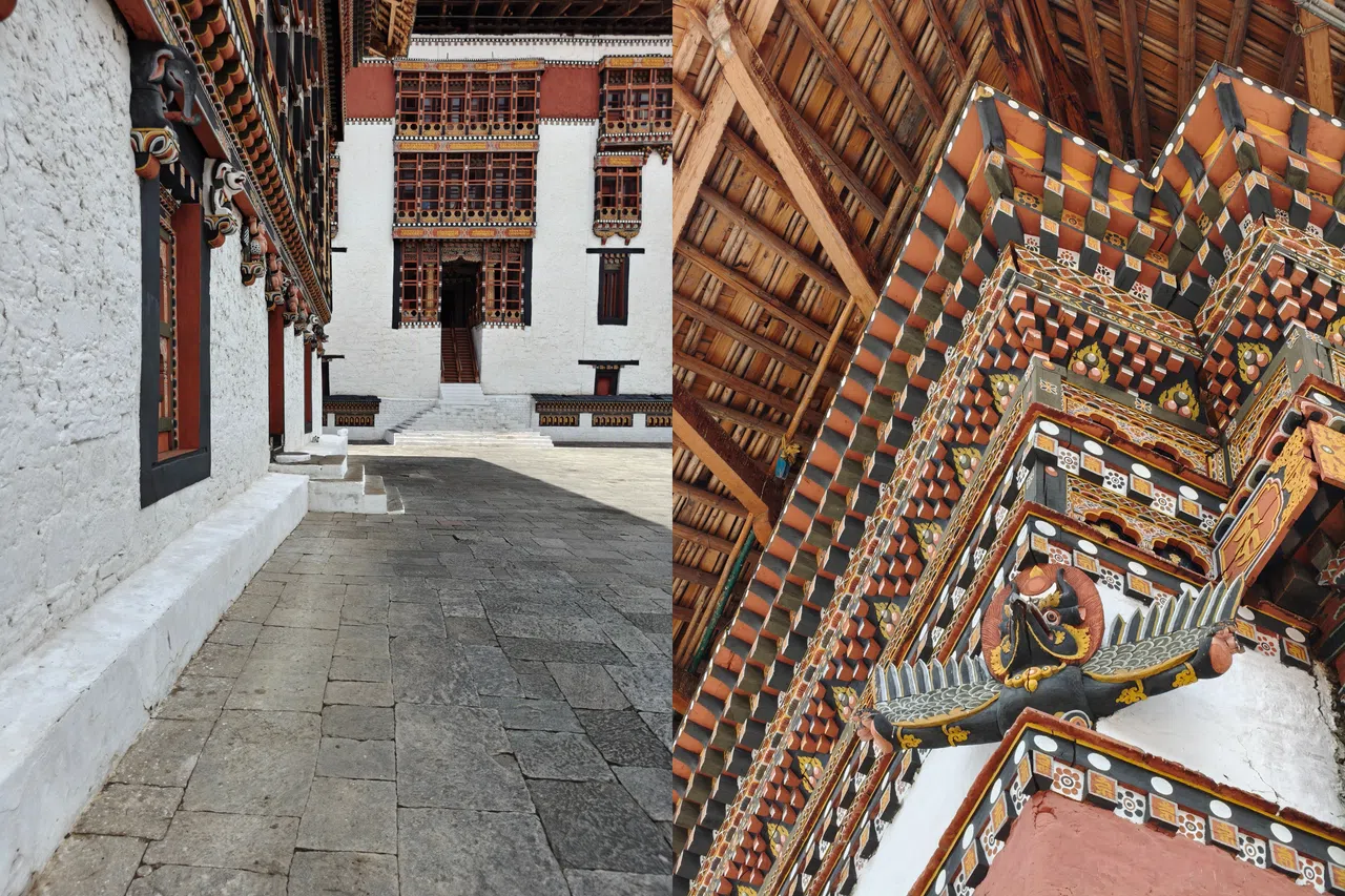不丹建筑常雕饰瑞兽图腾，它们在藏传佛教中扮演不同的护法角色。（陈默汎摄）