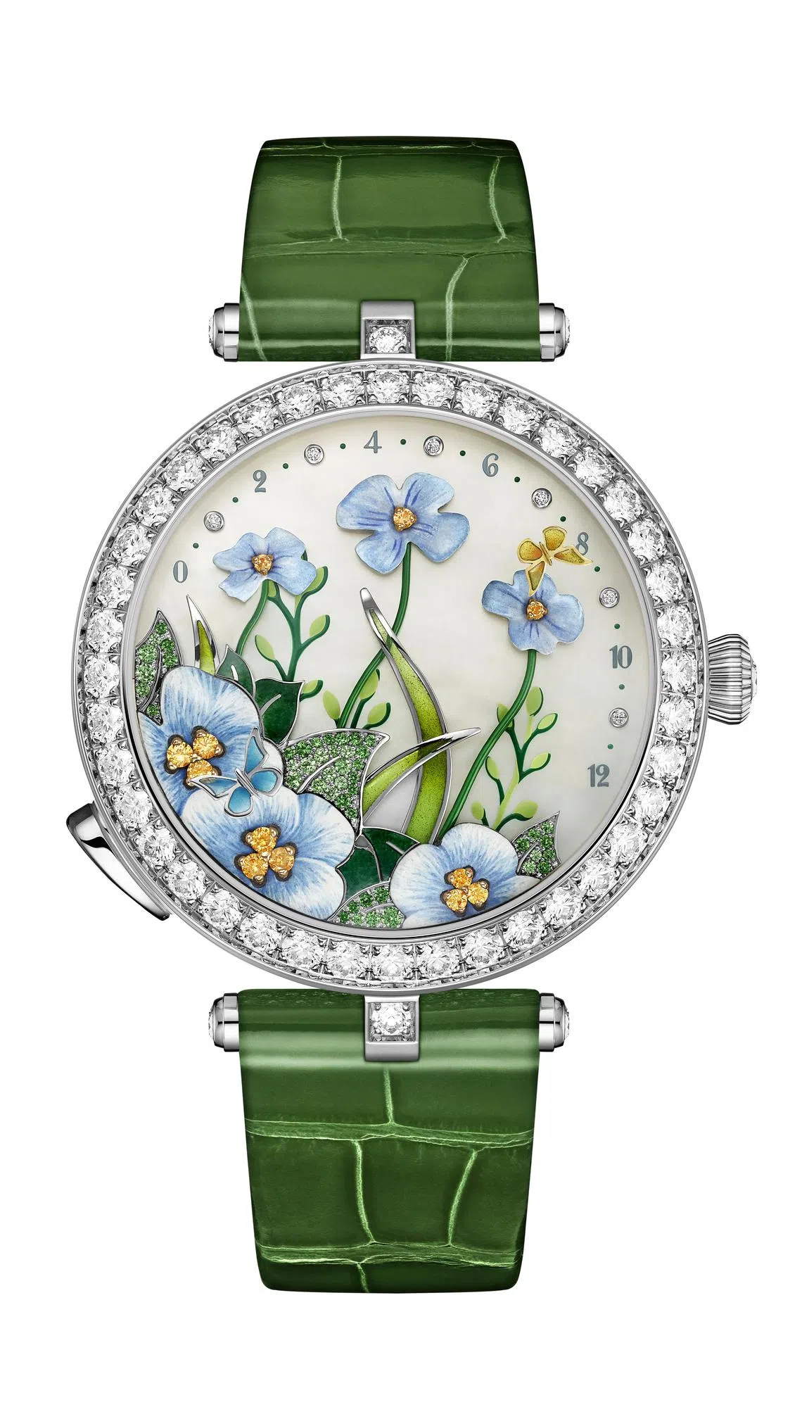 梵克雅宝Lady Arpels Brise d’Ete腕表表盘上的粉蝶和花朵能随风“摆动”。（梵克雅宝提供）