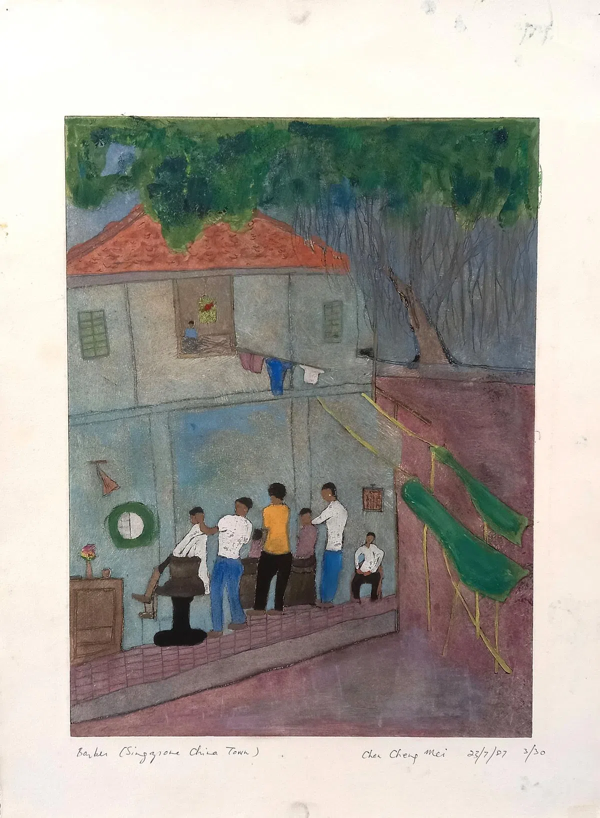 陈城梅蚀刻铜版画《理发匠》（1987，版本30之3）。（画廊提供）