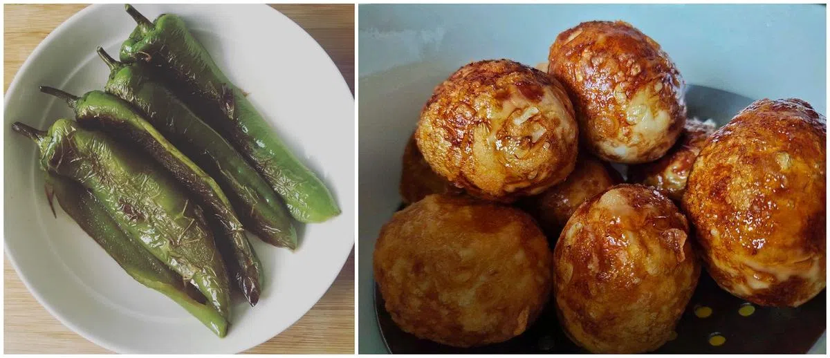 虎皮青椒（左）和虎皮鸡蛋（右）做法简单且色香味俱全。（取自互联网）