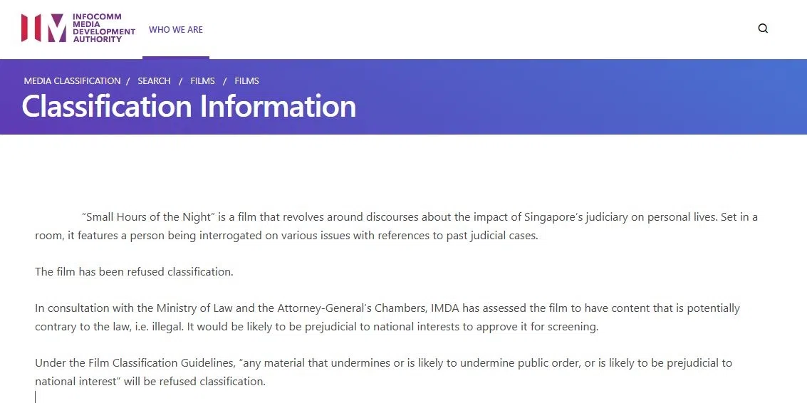 资媒局公开的媒体分级数据库详细解释影片被禁的理由。（IMDA官网截图。）