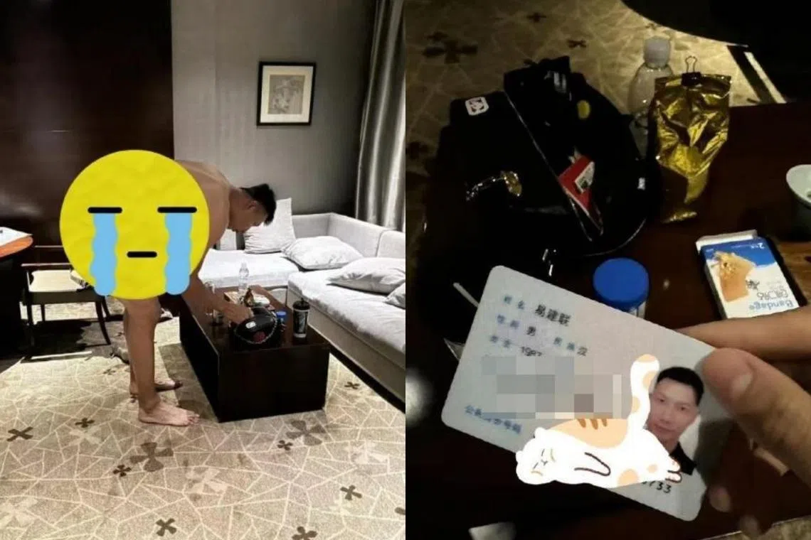 网上流传的照片可见易建联疑似赤裸地站着（左），他的身份证也被曝光。（互联网）