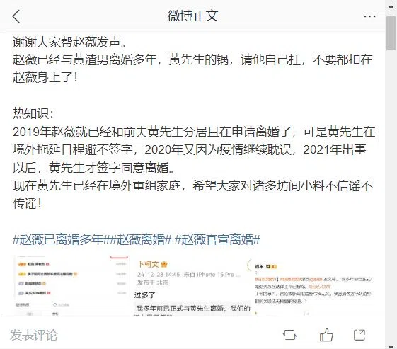 娱乐博主为赵薇发声，引起热议。（微博截图）