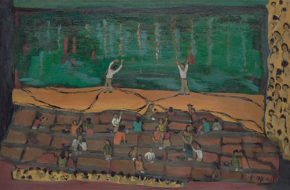 陈城梅描绘新加坡某家证券交易机构的油画《交易大厅》（1974）。 