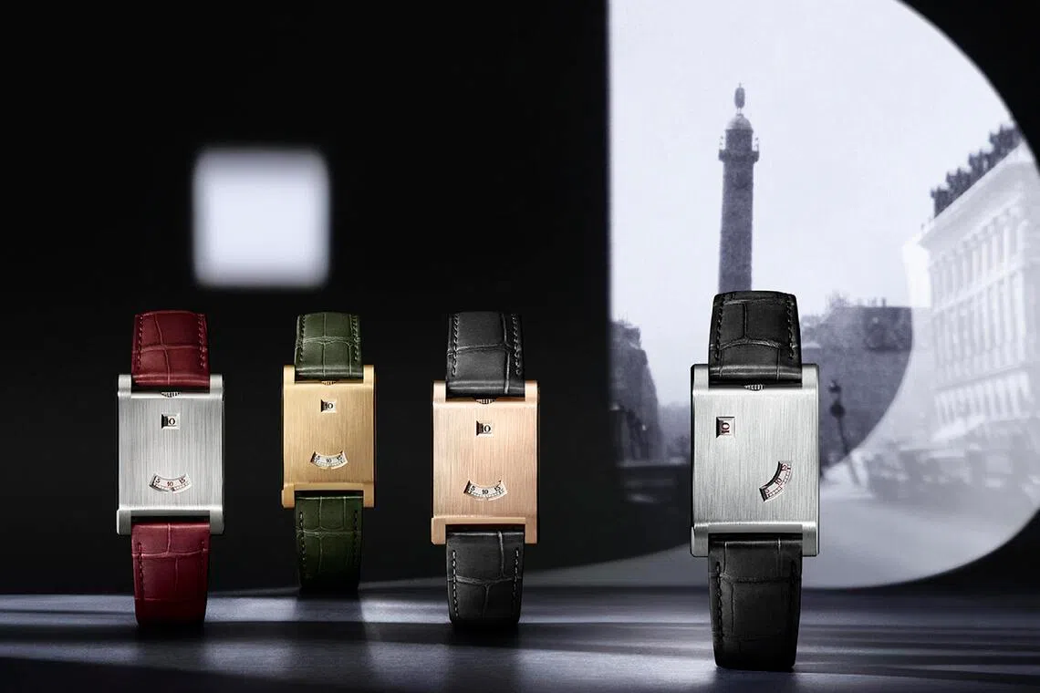 卡地亚Tank à Guichets仅在12点与6点开设两个窗口，分别呈现小时与分钟。（卡地亚提供）