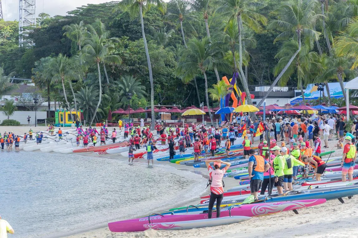 圣淘沙西乐索海滩重开，马上聚集了许多水上活动爱好者，沙滩上重现不见了好一阵子的热烈气氛。（吴先邦摄）