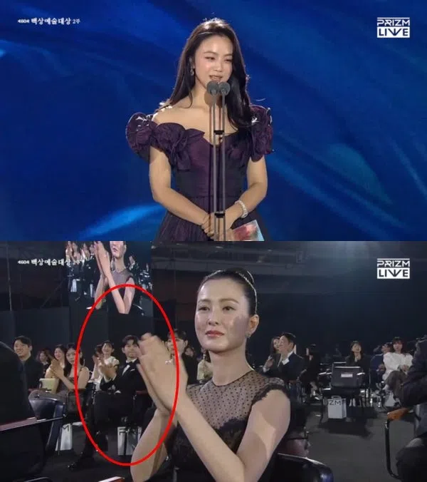 宋慧乔在台上颁奖时，镜头并没有切换至台下。汤唯（上图）颁奖时，宋仲基（下图红圈）被目击身在位子上。（互联网）