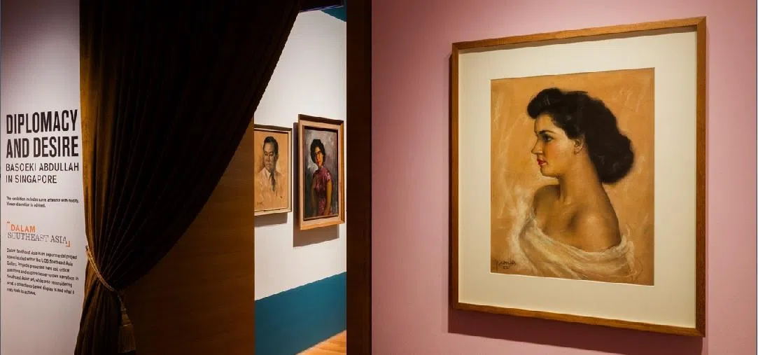 展厅设计再现巴索基位于独木山的工作室原貌，包含画廊以及展示国际美女肖像的内室。（新加坡国家美术馆）