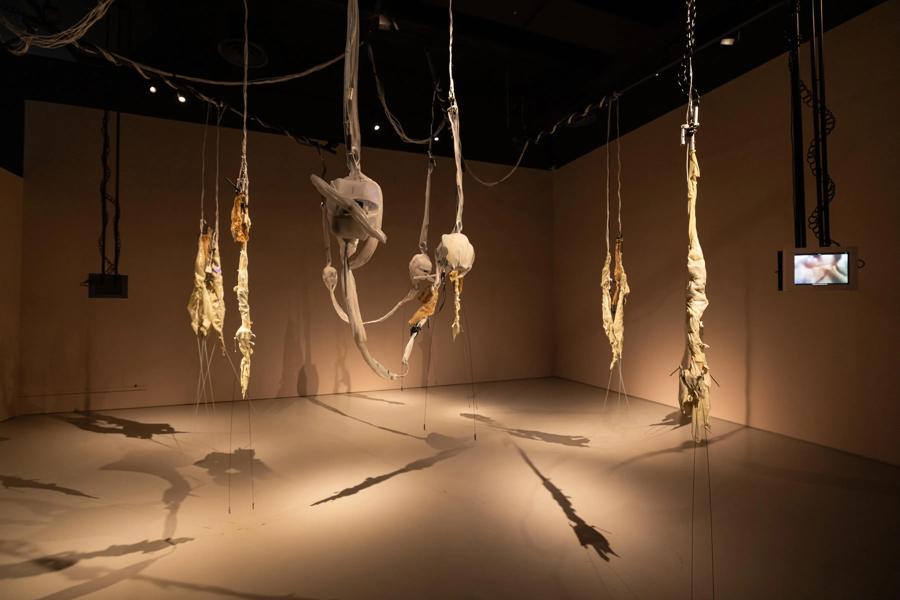 卓思萱装置《固态》由三个悬挂的动力雕塑组成，模仿人类动作。（新加坡美术馆提供）