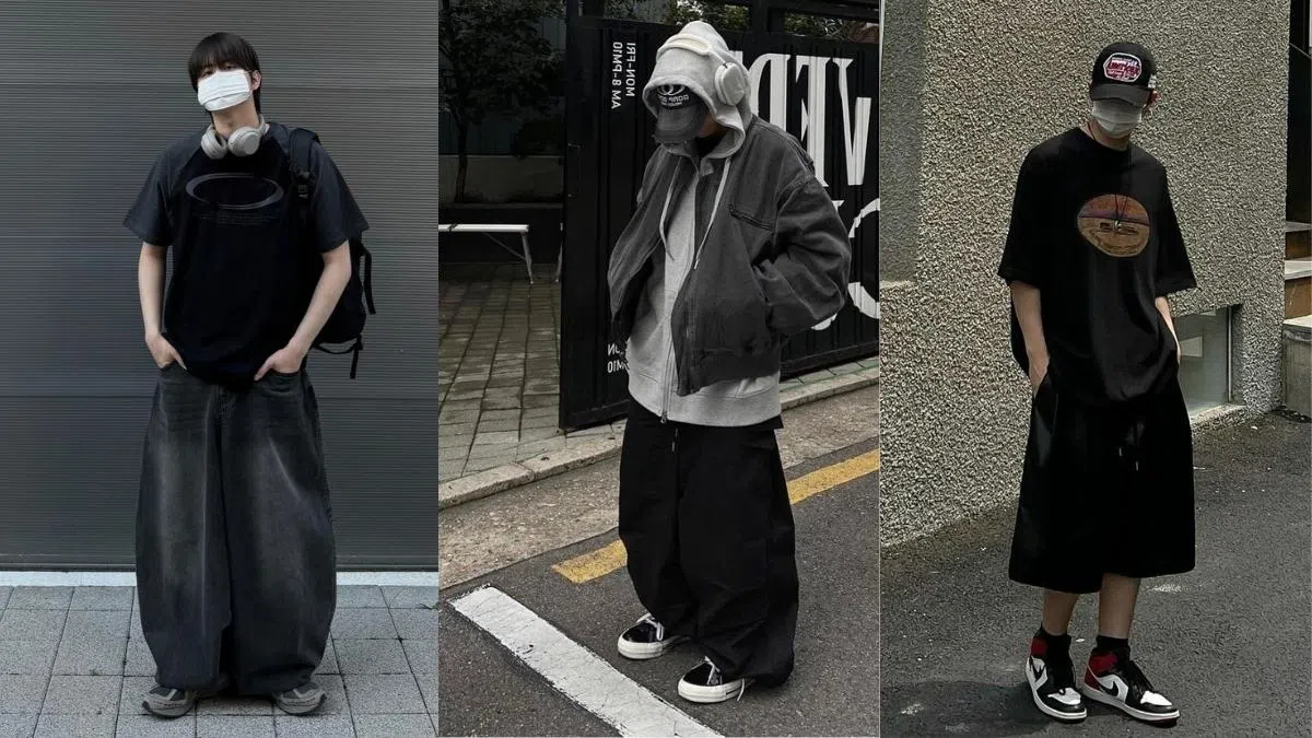 男生Acubi风大多走冷色系，配搭宽牛仔裤、七分裤及玩穿着层次。