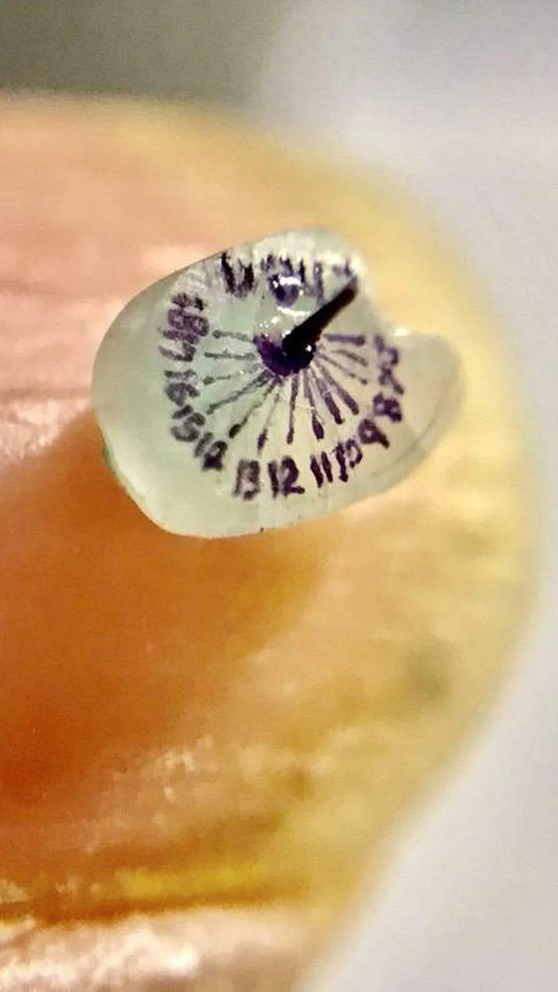 陈逢显在一粒米上创作出世界最小的日晷，长0.5x宽0.3公分。（陈逢显工作室提供）