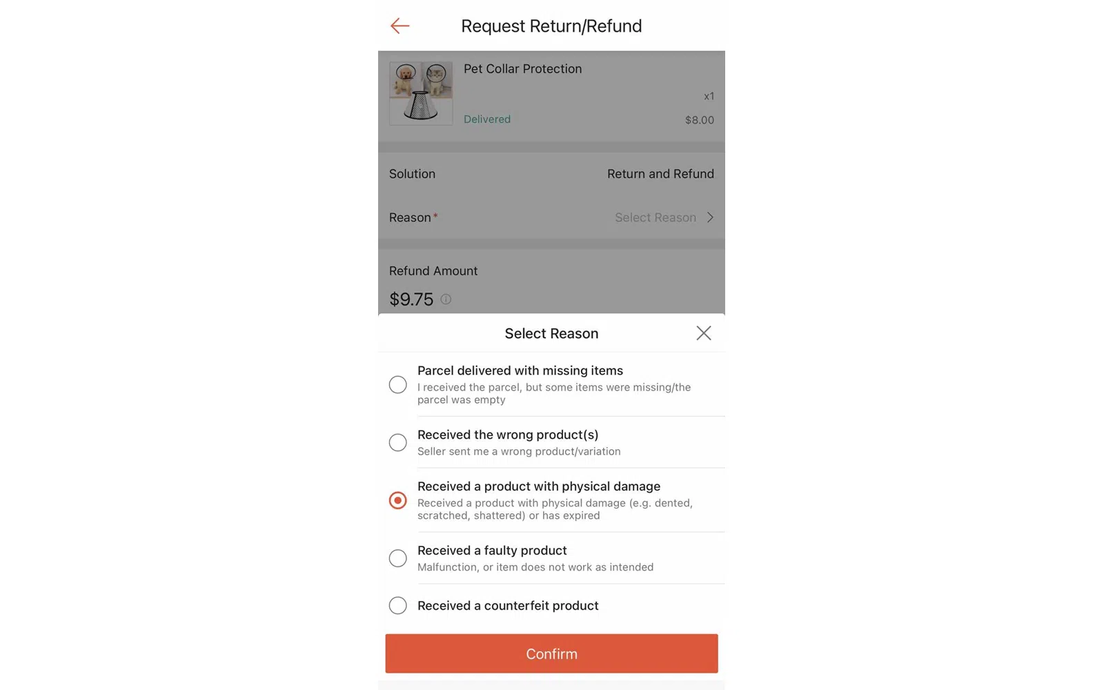 Shopee移动应用的退货和退款申请界面设计简洁明了，方便消费者轻松操作。（图/Shopee提供）