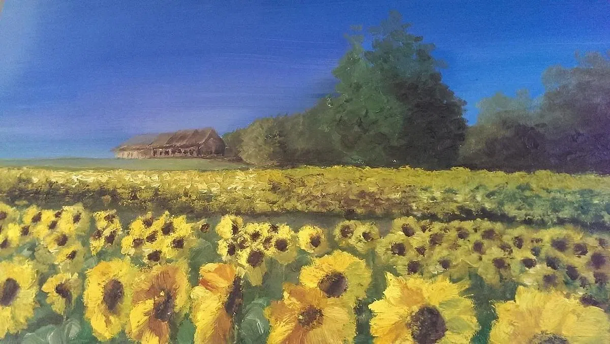 黄国斌的油画作品《向日葵》。（恩士迅提供） 