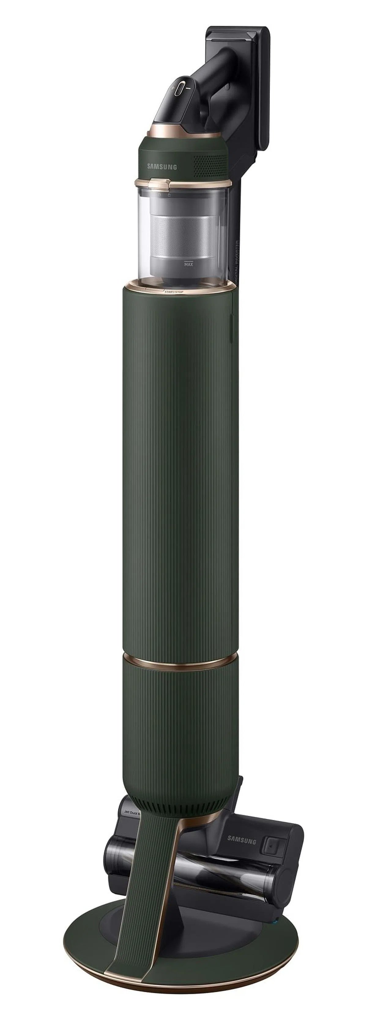 三星Bespoke Jet吸尘机配备一个立式清洁站底座。