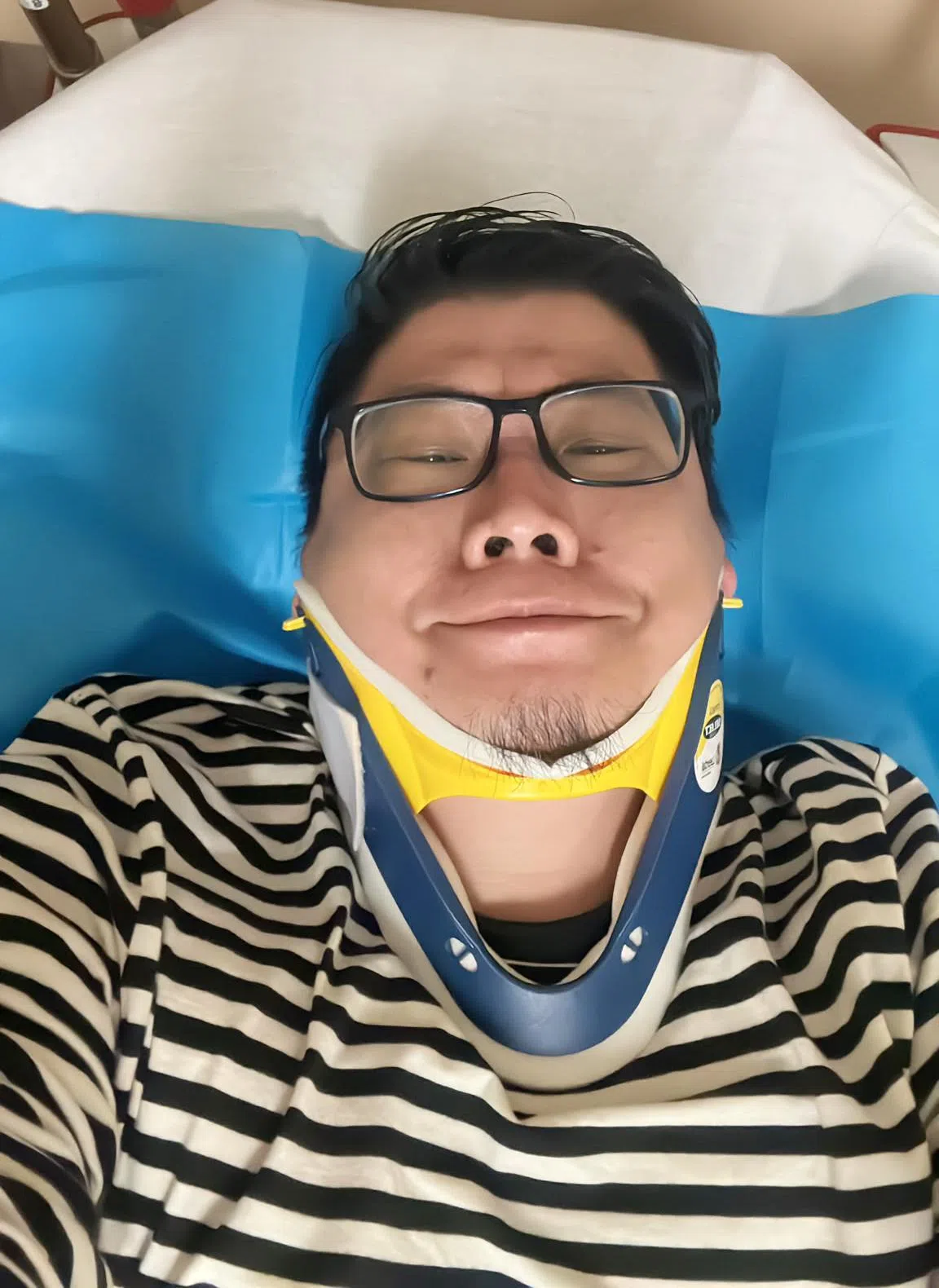 黄伟财在车祸后一度卧床两周。（受访者提供）