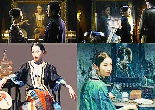 已故大师陈逸飞的两幅作品《侍女与鸟》（左下图）和《聚焦》（右下图）出现在至真园（上图）。（互联网）