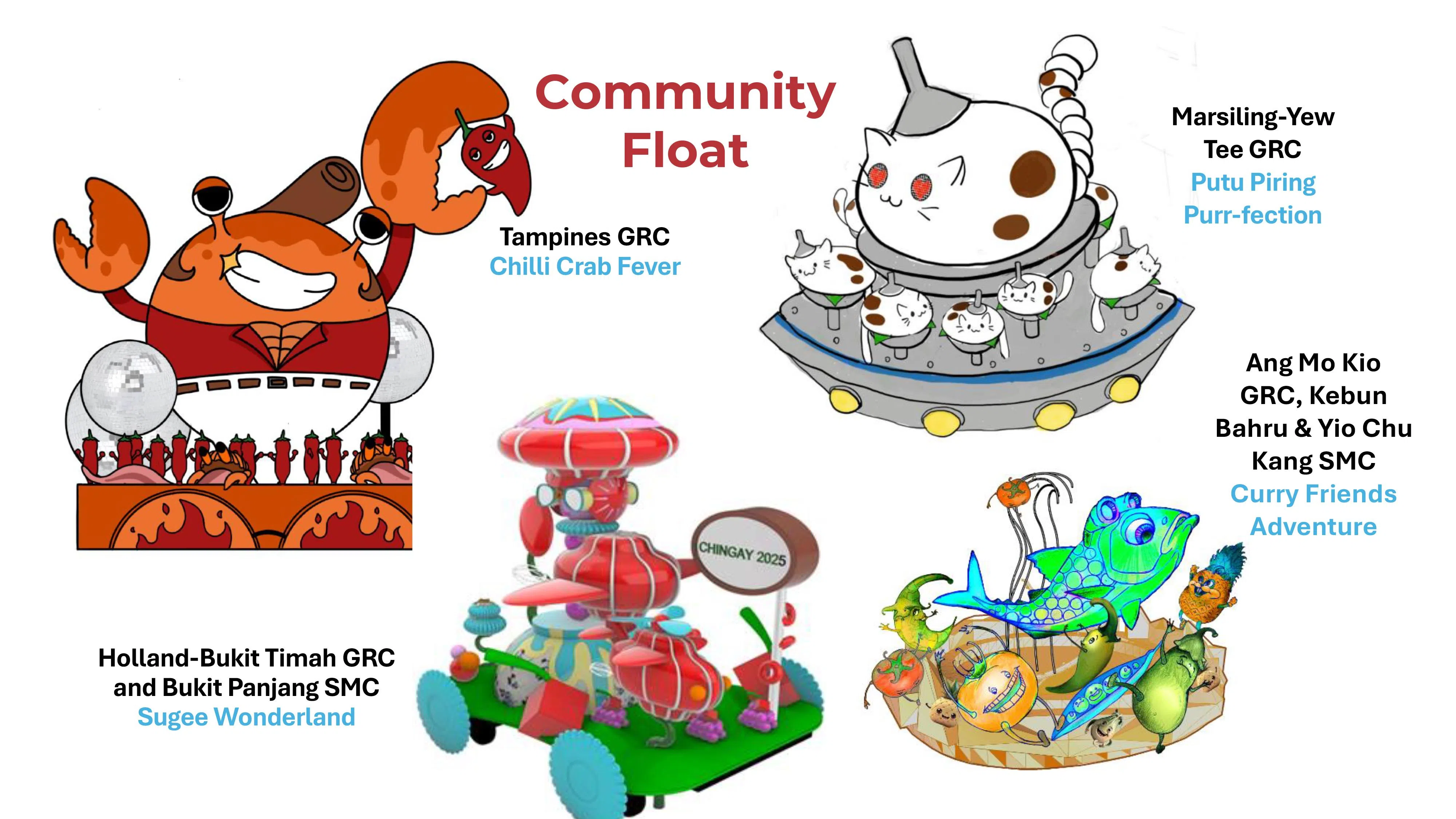 明年的妆艺大游行以本地各大民族的美食贯穿，为公众呈现出一场色香味俱全的盛宴。图为各个集选区的螃蟹、嘟嘟糕等美食的社区花车造型构想图。 （构想图由人民协会提供）