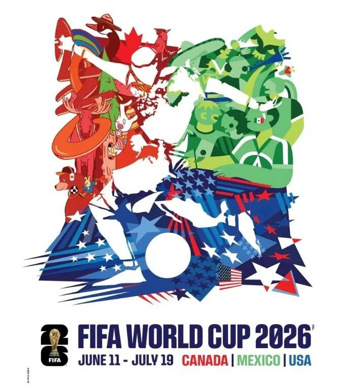 由美国、加拿大、墨西哥三国艺术家联手设计的2026世界杯主海报。（互联网）