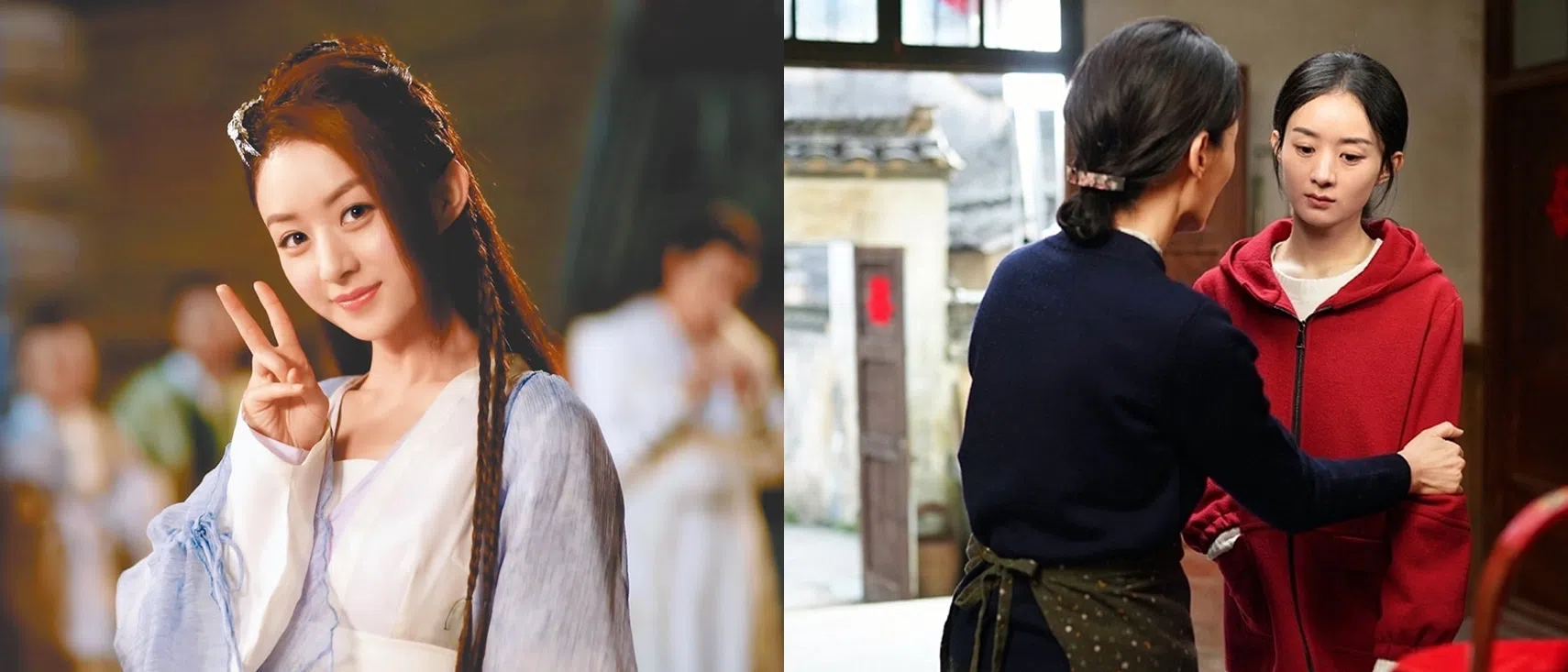 赵丽颖在《楚乔传》演活最萌谍者楚乔（左），她近年开拓戏路，接演的角色剧种重复性不大，右图为她在2022年当代农村剧《幸福到万家》剧照。（互联网）