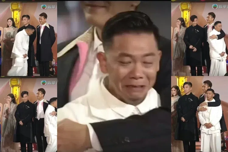 林子善哭着走过马国明身边，被他揽到面前的一幕，感动网民。（互联网）