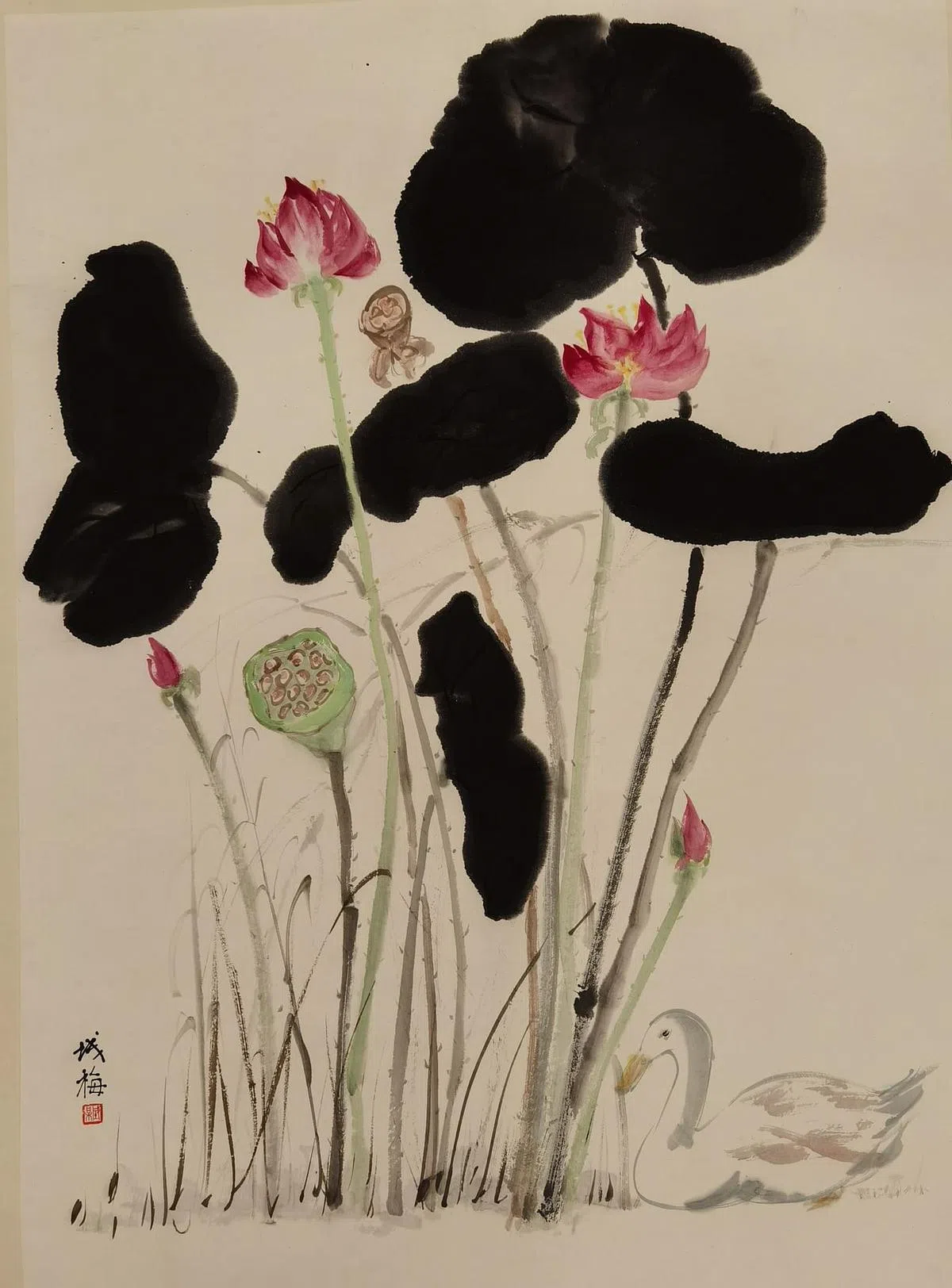 陈城梅描绘荷花的水墨画。（画廊提供）