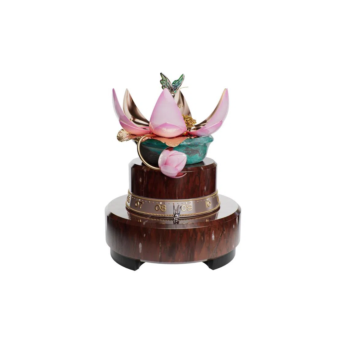 蝶隐水中花自动机械装置由品牌与François Junod工坊合力研创，只需按钮启动仿真动偶，花蕾随即盛开。（梵克雅宝提供）