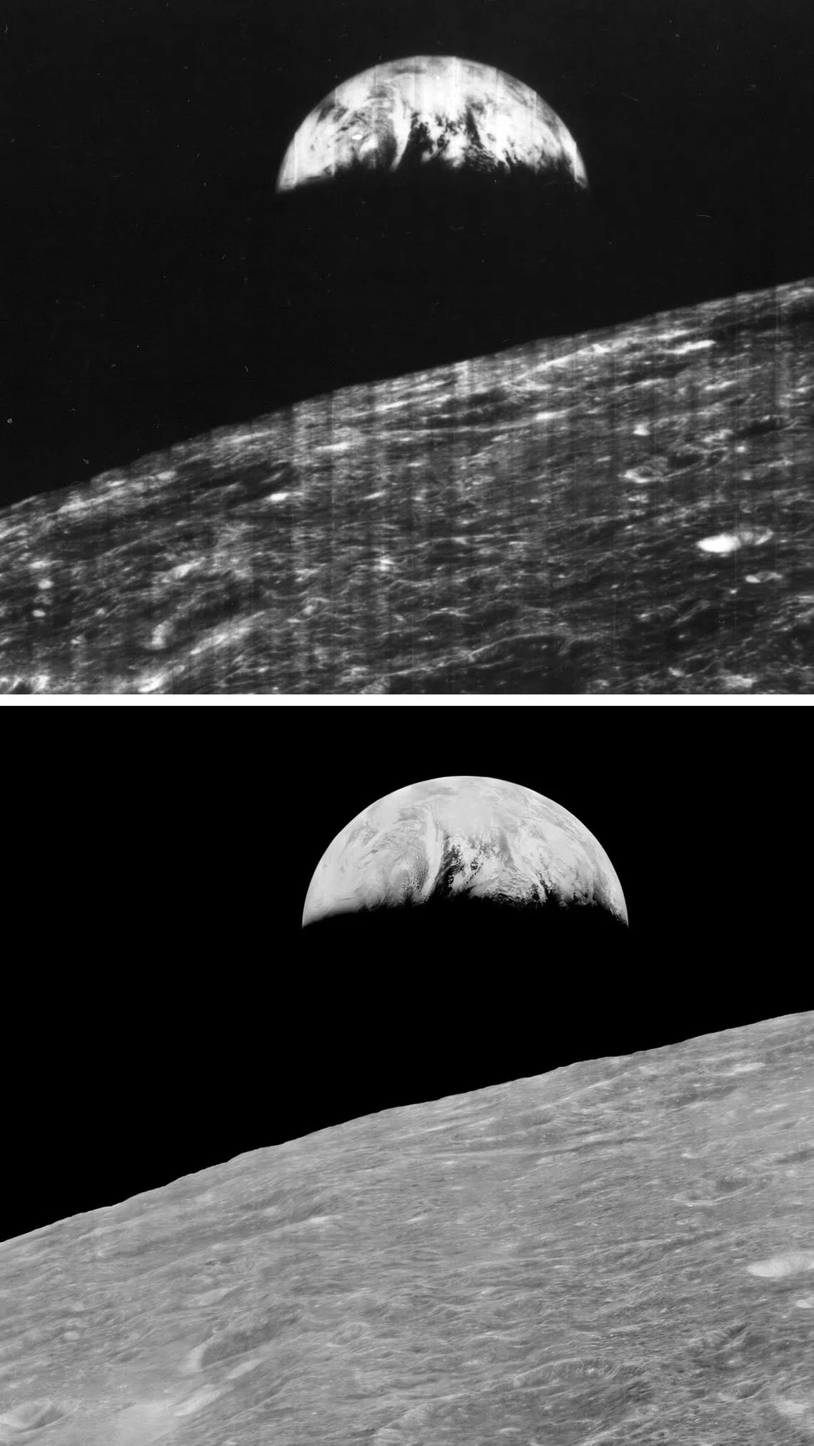 1966年由“月球轨道器1号”拍摄的地球照片（上图），2008年经修复的版本（下图）。（维基百科）